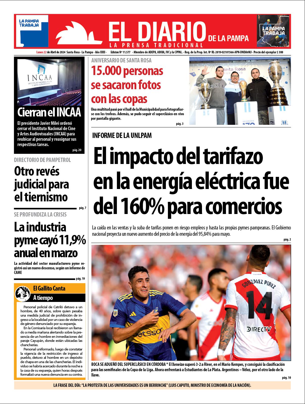 Tapa de El Diario en papel  lunes 22 de abril de 2024